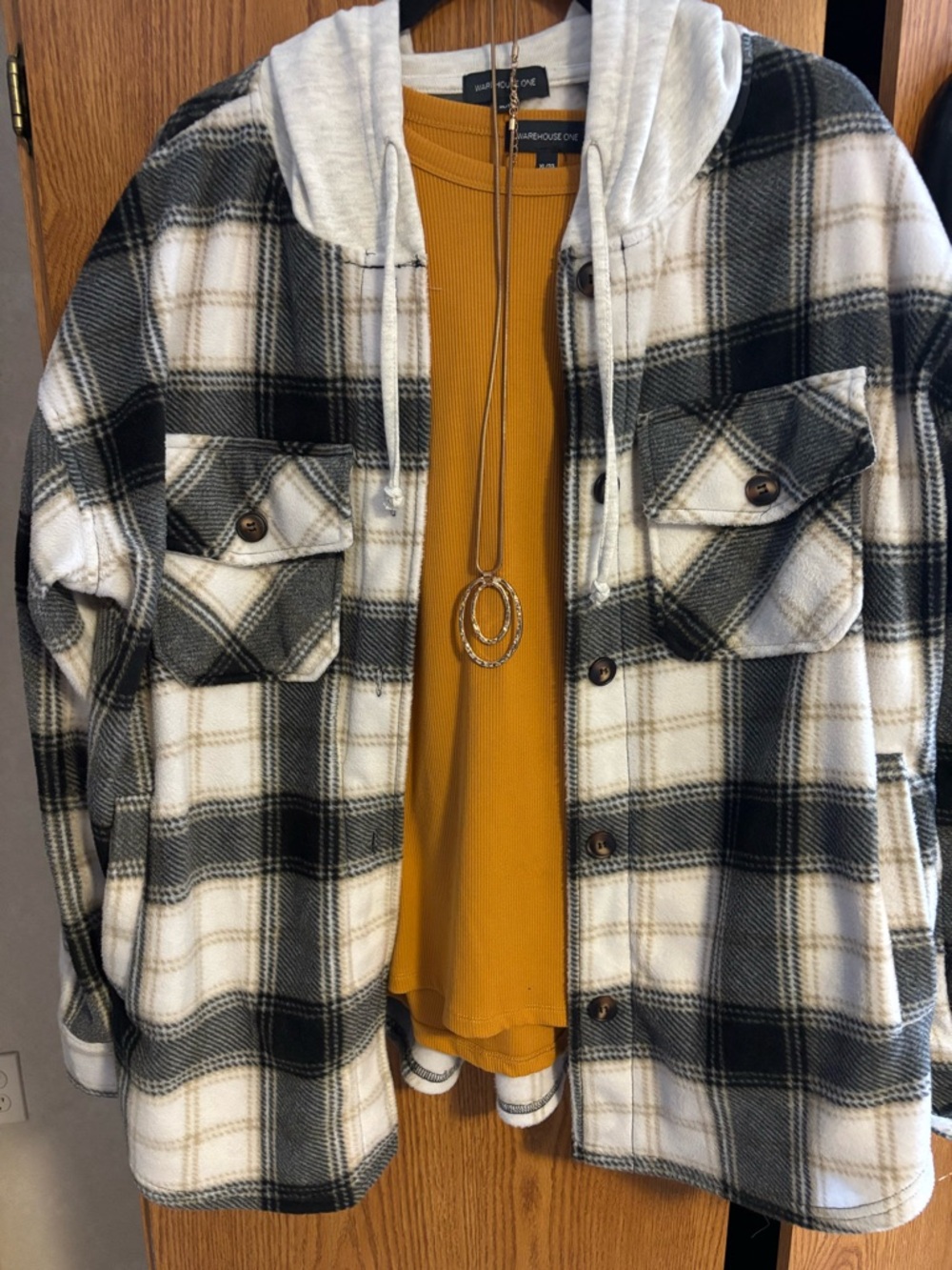 Plaid Hooded Shacket with Mustard Top